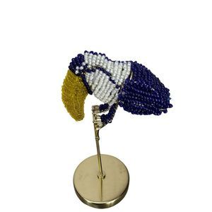 Opal House Blue‎ & White Beaded Bead 8.5" Toucan Figurine Gold Tone perch Stand